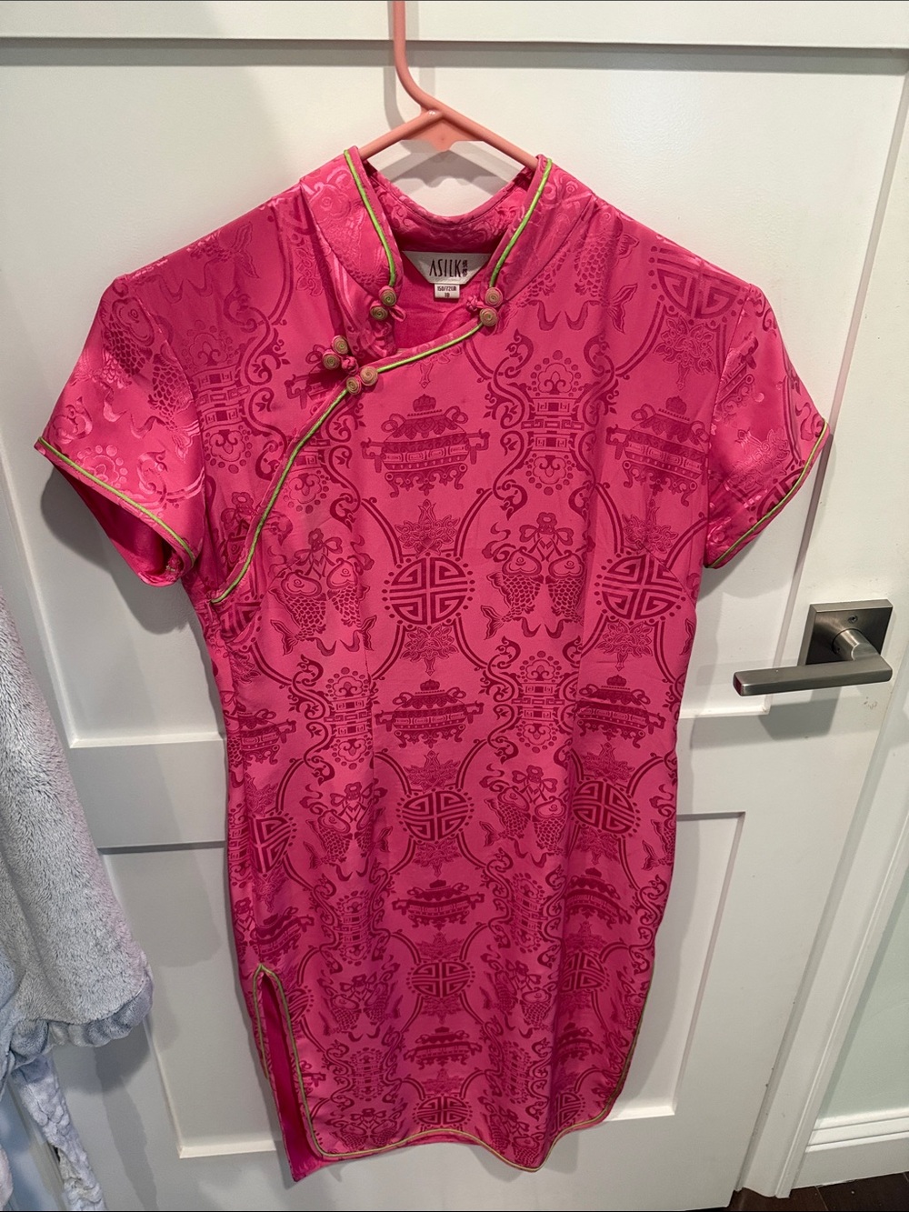 Pink Satin Cheongsam Midi Dress with Mandarin Collar